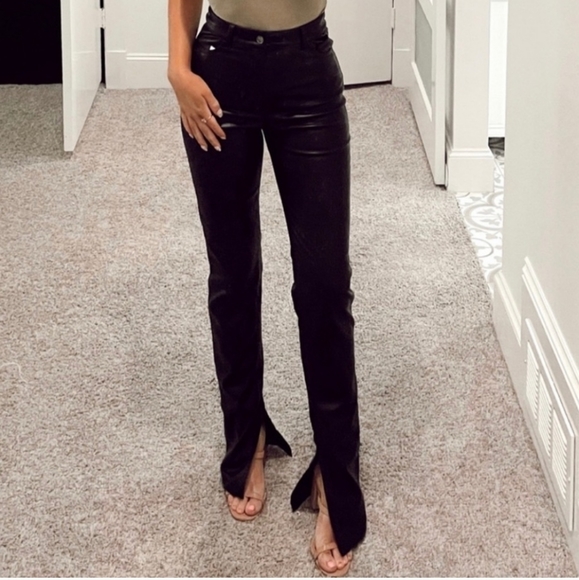 Zara Extra Long Faux Leather Straight Leggings Pants Ankle Slit - Picture 5 of 15